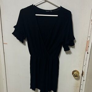 Boohoo Black Wrap Style Romper with Ruffle Sleeves